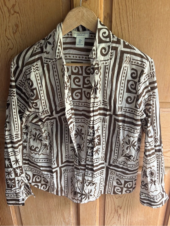 Calypso St. Barth Tops - Calypso St. Barth Cream and Brown Printed Shirt | Small | 100% Cotton